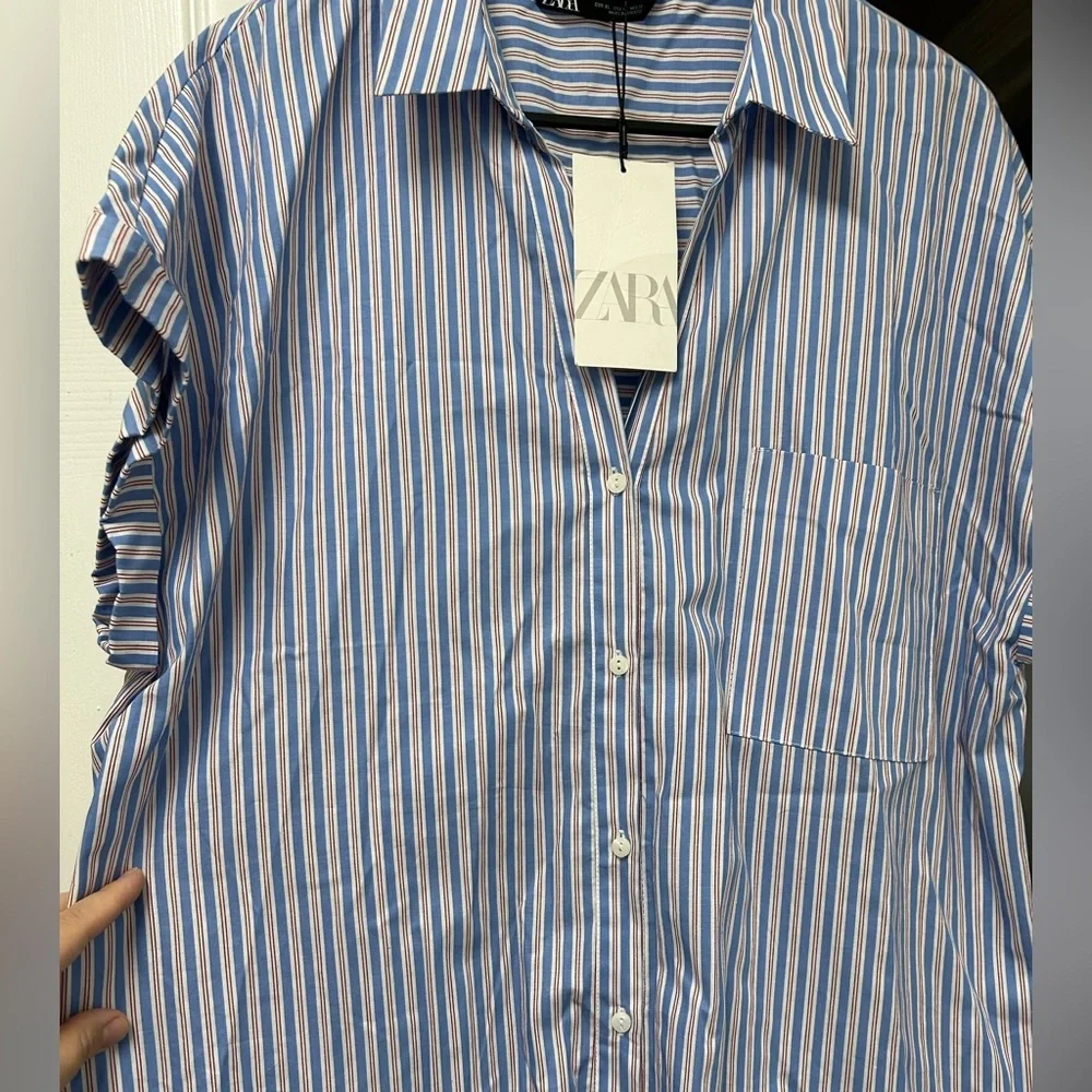 NWT Zara Blue & White Striped Cotton Shirt Dress, Cap Sleeves – Size XL